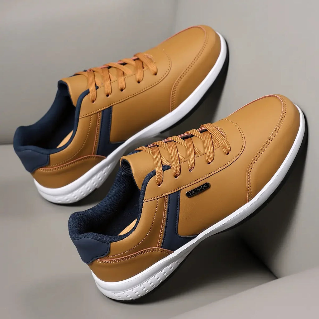 Men's Fashion Sneakers - Khaki Leather Comfortable Tennis Shoes Lace Up Large Thick Bottom Suitable for Daily Use Flat Shoes
