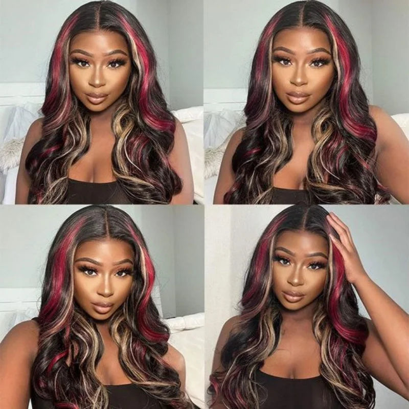 Black With Red Highlight Wig Synthetic Lace Front Wig 13X4 Pre plucked Hairline With BabyHairWomen's Wig with Density Lace Front