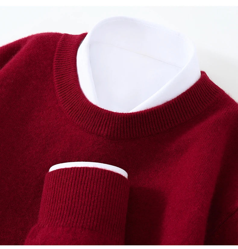 Autumn/Winter Men's 100% Pure Cashmere Pullover Business Casual Solid Knitted Sweater Loose Round Neck Tops Thick Warm Jumper
