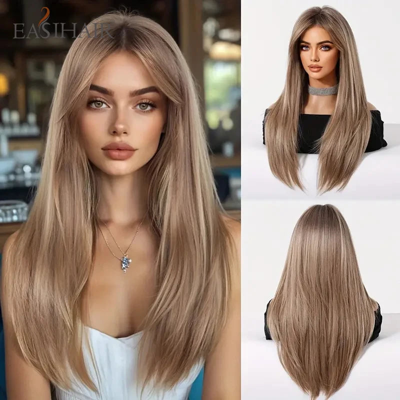 EASIHAIR Brown Straight Layered Wigs for Women Long Natural Hair Synthetic Wigs With Bangs Daily Use Party Heat Resistant Wigs