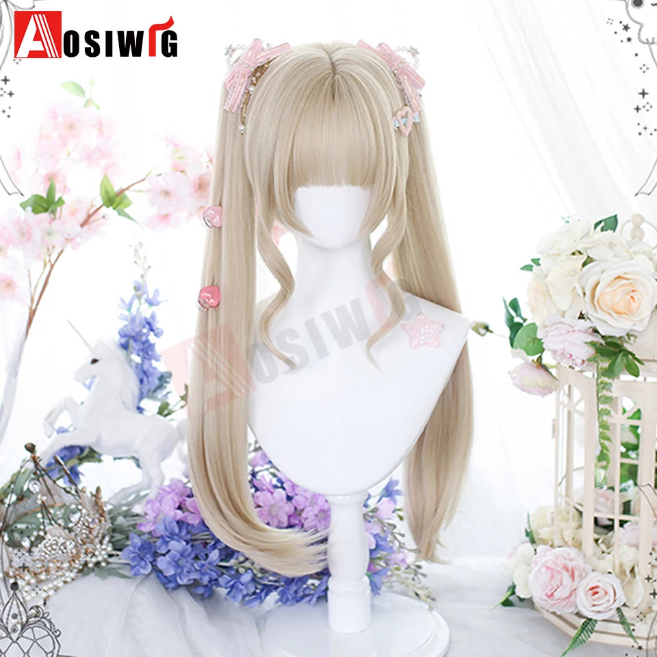 AOSI Synthetic Long Curly Wig Double Ponytail Cute Lolita Women Wigs Halloween Cosplay Style Blonde Brown Party Wig