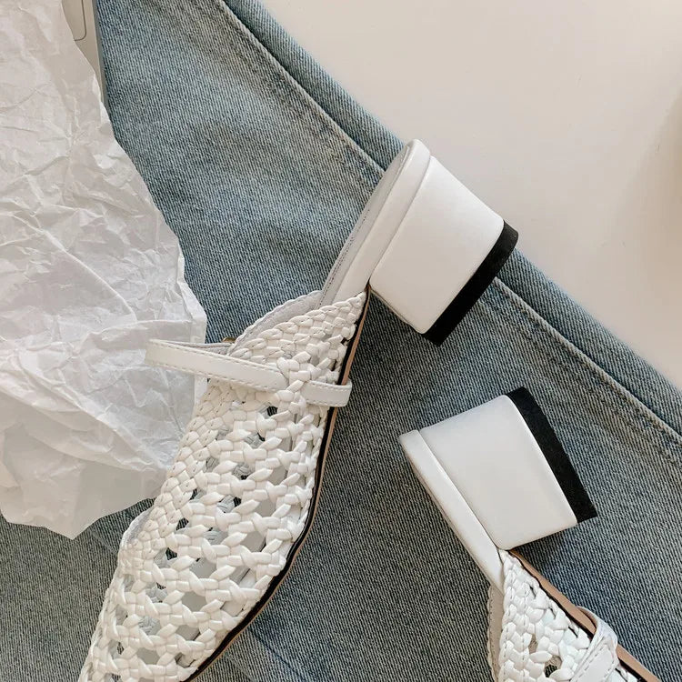 NEW Summer Women Mules Fabric Shoes for Women Pointed Toe Chunky Heel Shoes Cover Toe Slingback Shoes Soft Hollow Modern Sandals
