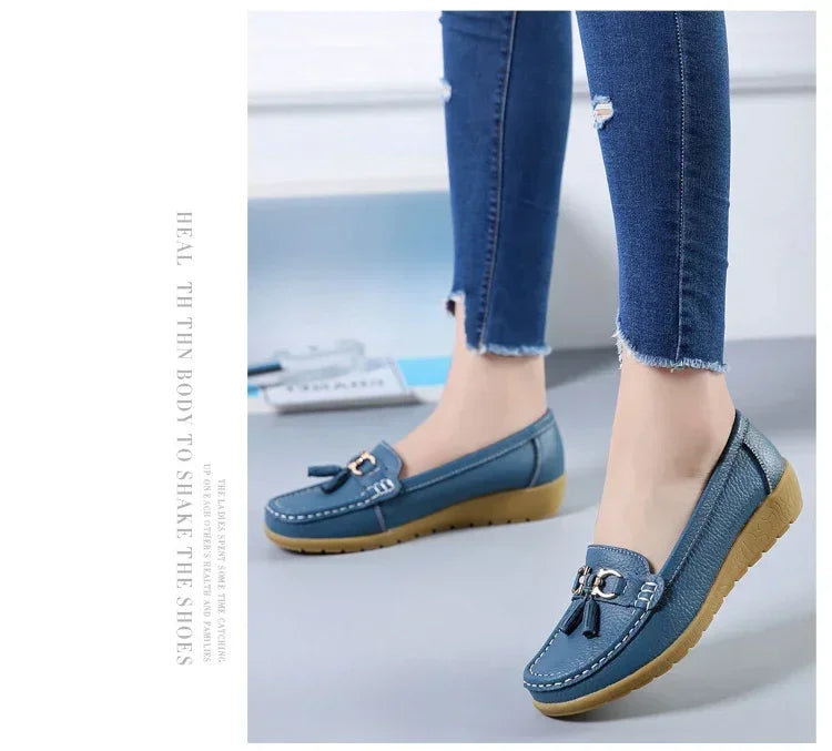 Spring Summer Breathable Casual Loafers For Women Platform Leather Comfort Wedge Moccasins Ladies Vulcanized Sneakers 44