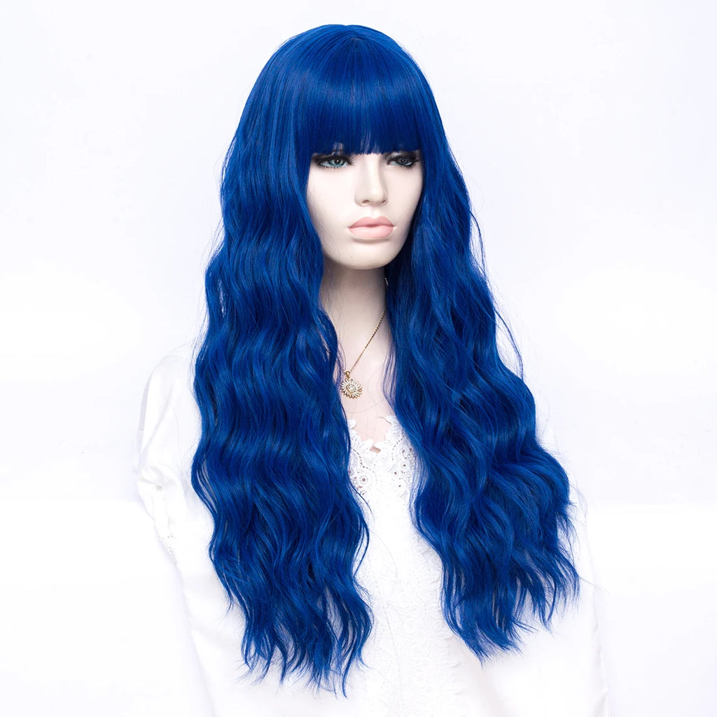 MSIWIGS Women Long Wavy Lolita Blue Wig Synthetic Cosplay with Bangs For Holloween Party Anime Heat Resistant