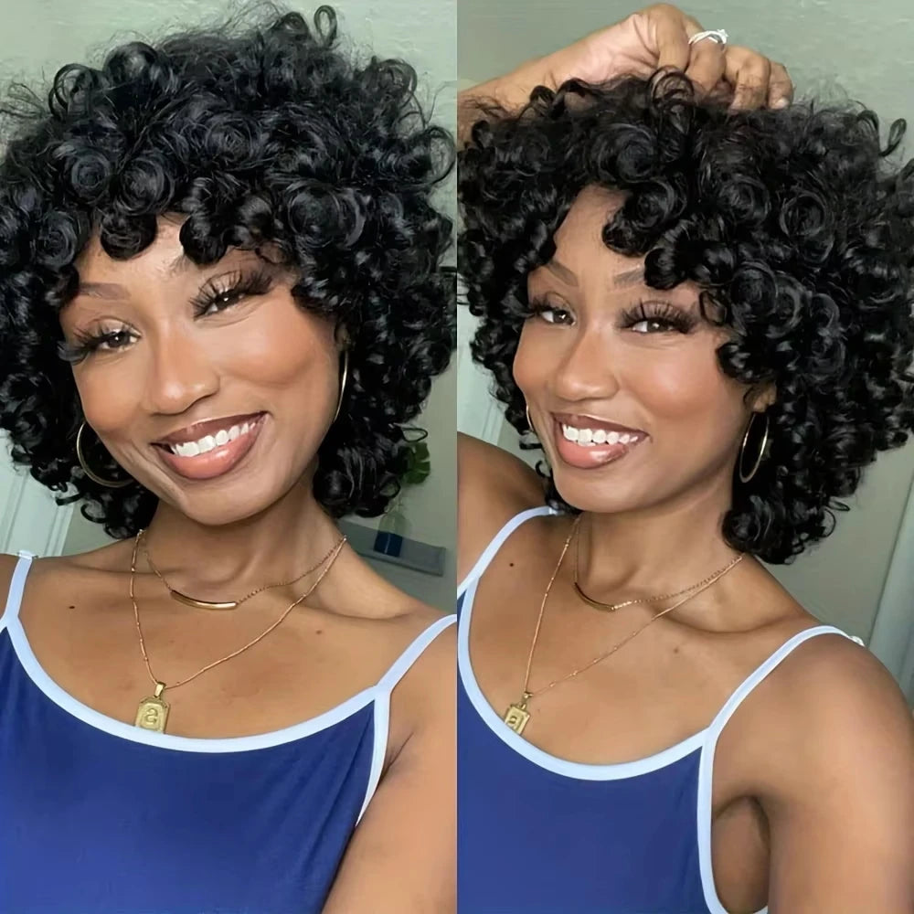 Ready to Wear Funmi Curly Full Machine Made Short Bob Wig with Bangs Glueless Loose Curly Vietnamese Human Hair Wigs for Women
