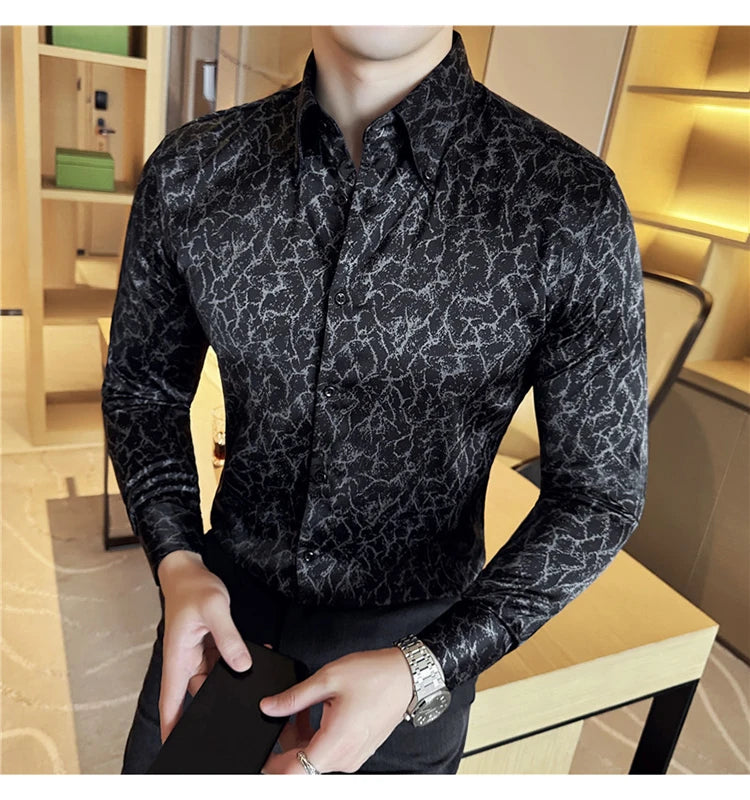 Men Dress Shirt 2024 Solid Casual Long Sleeve Slim Fit Print Shirt Fashion Formal Social Banquet Tuxedo Wedding Men Clothing