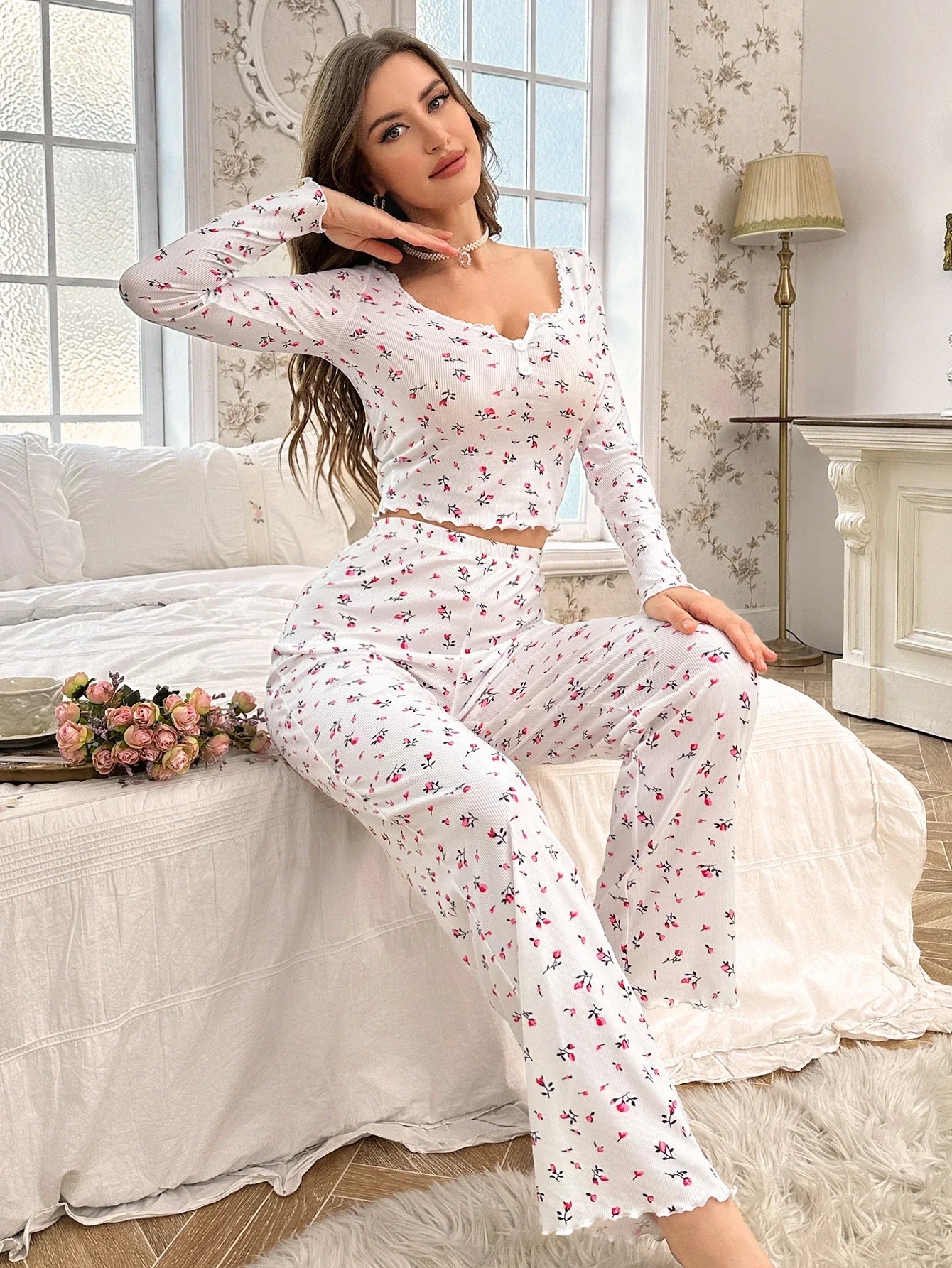 Spring Summer Women's Sleepwear Floral Print Lettuce Trim Pajamas Set Tops and Long Trousers Loungewear Nightwear