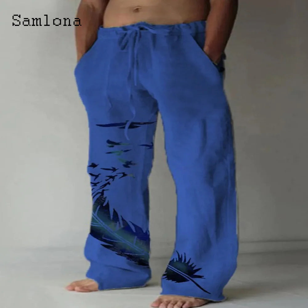 Samlona 2025 Men's Pocket Design Linen Pants Drawstring Loose Trouser Plus Size 3xl Mens Fashion Birds Feather Print Sweatpants