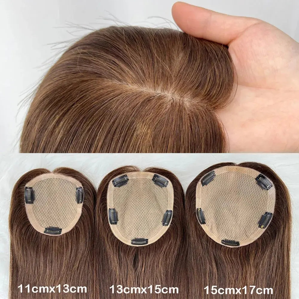 11x13cm Dark Brown Human Hair Topper Silk Base Hand Tied Silk Top Toupee Breathable Remy Hair Piece with Clips in for Women