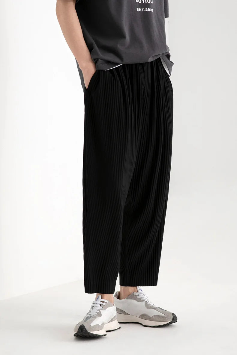 Pleats Pleated Commuter Pants Men's 2024 Autumn New Draped Elastic Trousers Casual Japanese Men Solid Color Nine Minute Pants