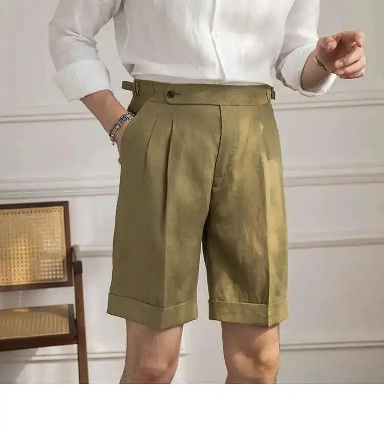 100% Linen Summer Straight Naples Shorts Men Solid Color Business Dress Pants Office Social Casual Slim Fit Shorts