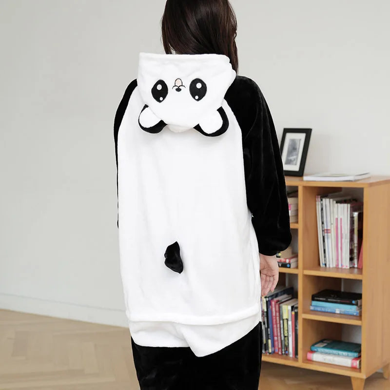 Unisex Adult Cartoon Panda Costume Halloween Christmas Sleepwear Jumpsuit Onesies Warm Plush Cosplay Pajamas For Women And Men