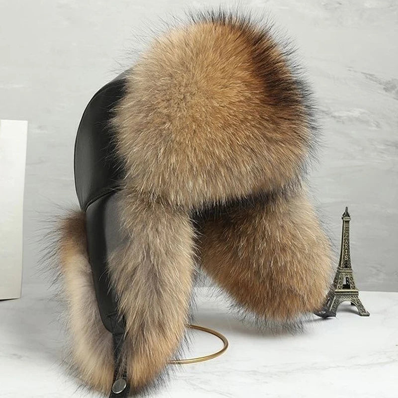 Natural Raccoon Fur Hat Women Black Fox Fur Russian Ushanka Hats Winter Warm Ears Bomber Cap
