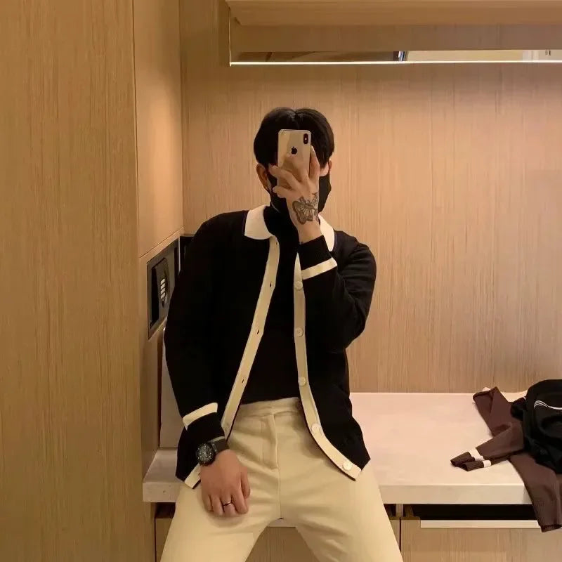 Autumn and Winter Lapel Knitted Cardigan Men's Korean Style Simple Versatile Sweater Jacket Button Contrast Top