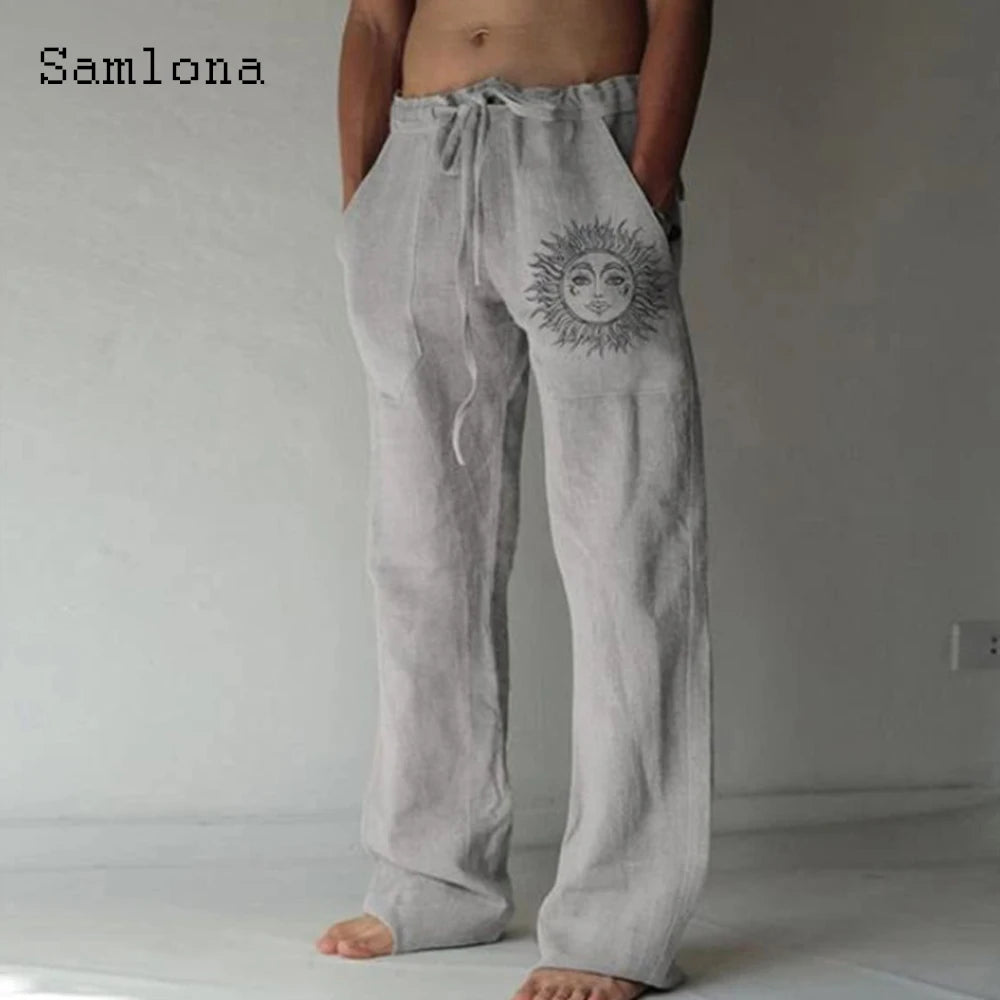 Samlona 2025 Men's Pocket Design Linen Pants Drawstring Loose Trouser Plus Size 3xl Mens Fashion Birds Feather Print Sweatpants