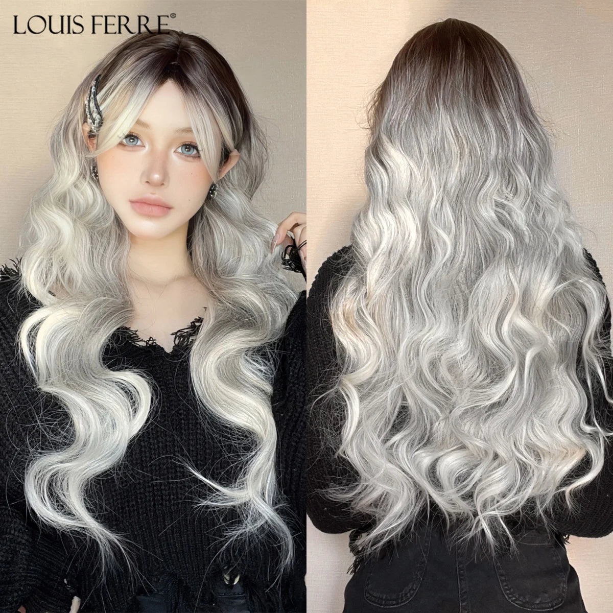 LOUIS FERRE Brown Blonde Highlights Wigs For Women Daily Long Wavy Curly Synthetic Wigs Natural Heat Resistant Hair With Bangs