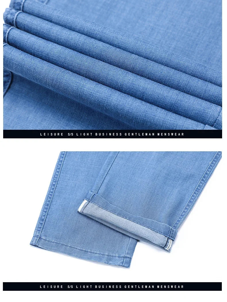 2024 New Men's Thin Lyocell Fabric Loose Jeans Light Blue Business Fashion Stretch Denim Trousers Male Clothing Brand Pants