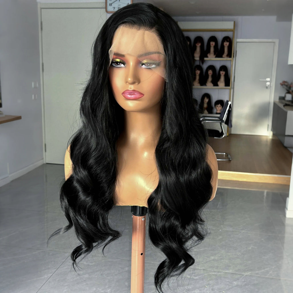 Long Wavy Black Natural Curly Synthetic Lace Front Wig Free Part Loose Body Wave 13X4 Frontal Wigs for Women Daily Party Cosplay