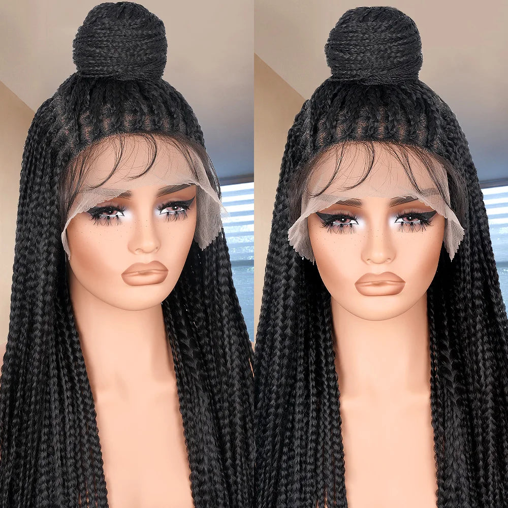 34Inch Knotless Box Braided Wigs for Black Women Synthetic Full Double Lace Front Braided Wig with Baby Hair Synthetic Braid Wig