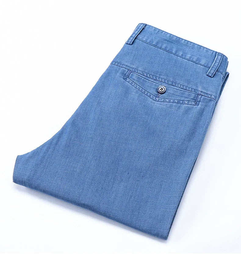 2024 New Men's Thin Lyocell Fabric Loose Jeans Light Blue Business Fashion Stretch Denim Trousers Male Clothing Brand Pants