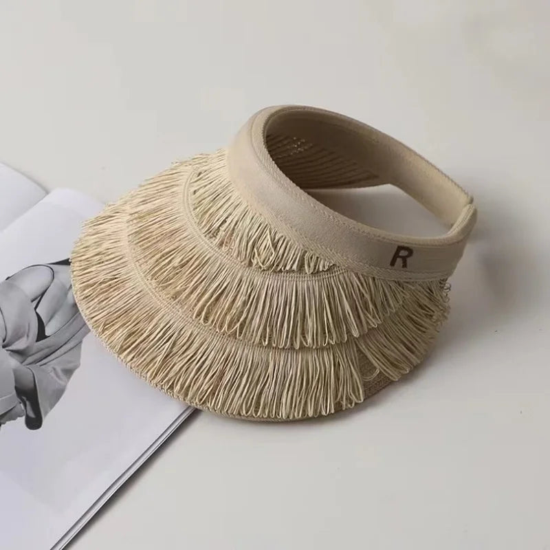 2025 New summer empty top women's straw braid fringe sunhat is a sunhat with sunblock UV beach holiday