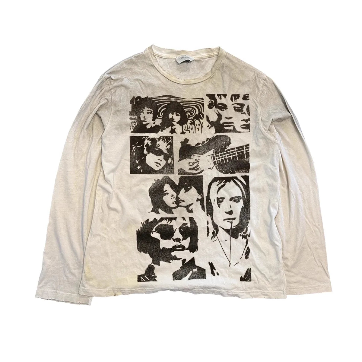 Vintage Washed Long Sleeves T-Shirt Summer Graffiti Printed Destroyed Dirty T Shirt Hip Hop Streetwear Cotton Tops Tees