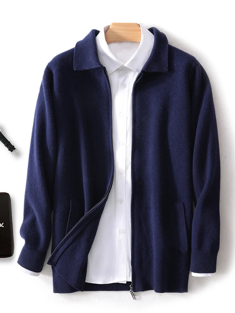 New 100% Pure Wool Knitwear Cardigan Sweater Men's Lapel Zipper Thick Jacket Shirt Collar Smart Casual Knitted Long Sleeve Tops