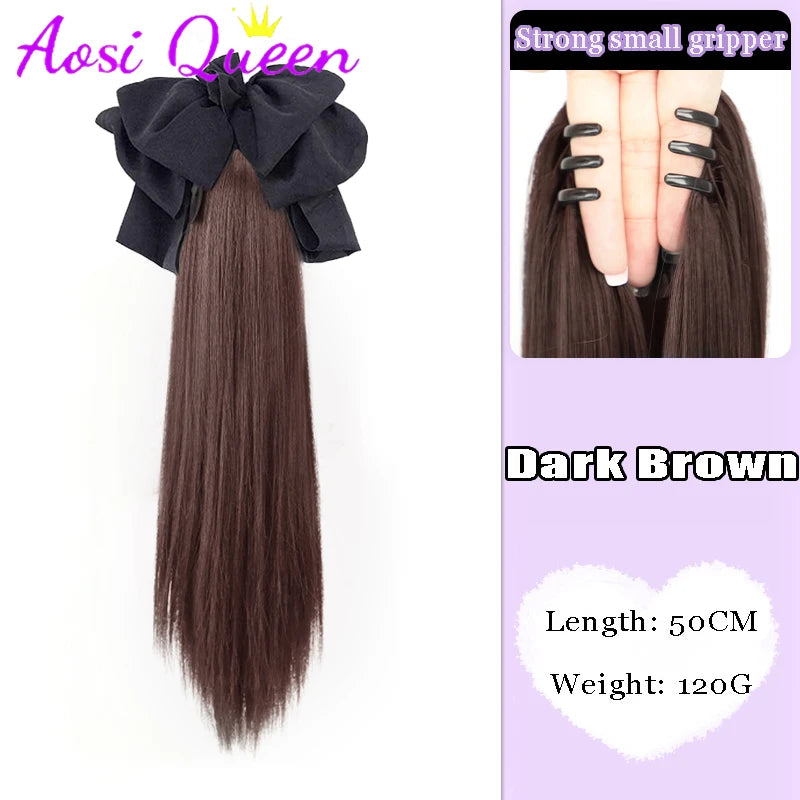AOSI Synthetic Bow Wig Ponytail Female Clamping Style Long Straight Hair High Ponytail Long Hair Braided Straight Ponytail