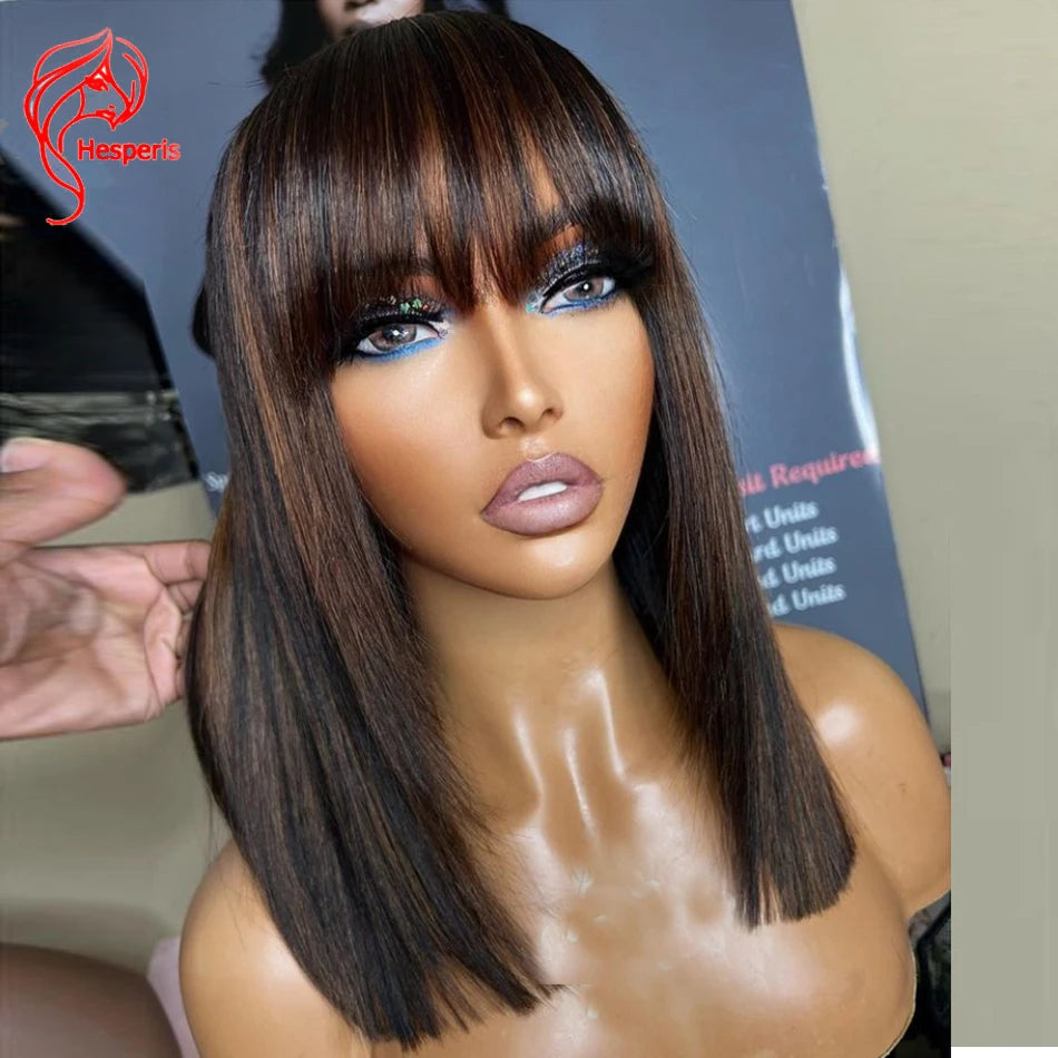 Hesperis Light Brown Highlight Human Hair Wig With Bangs Brazilian Remy Scalp Top Full Machine Wigs For Women #4 Brown Colored