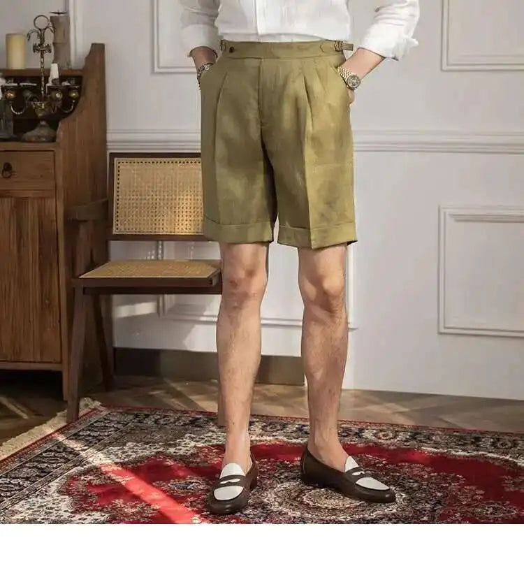 100% Linen Summer Straight Naples Shorts Men Solid Color Business Dress Pants Office Social Casual Slim Fit Shorts