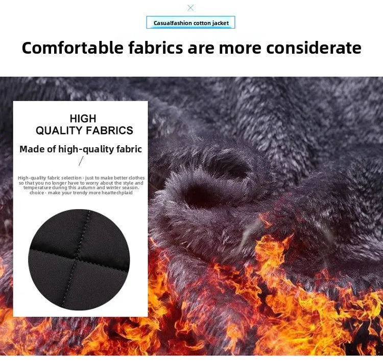 Men's Winter Jacket Stand Collar Fleece Lined Cotton Casual Fashion Warm Loose Short Style Youth Popular Polyester Fabric