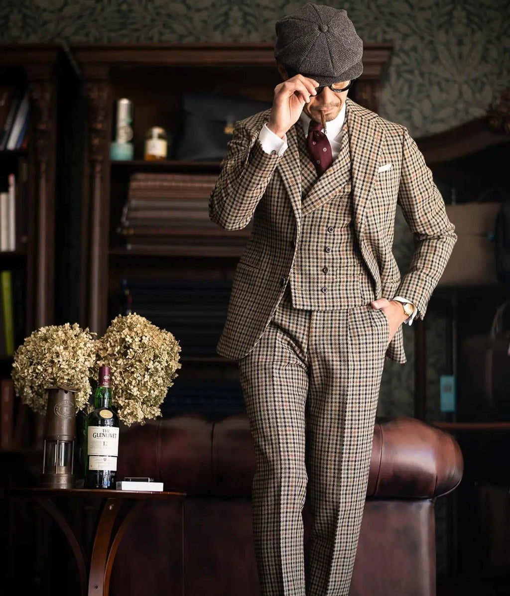 Burgundy Black Green 3 Color Small Square Thousand Bird Man‘s Suit Set Outfit Notch Lapel Blazer Trousers 3pcs Jacket Pants Vest