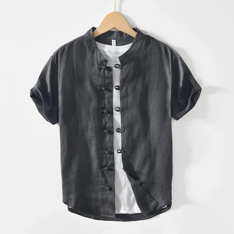 Summer New Casual Short Sleeve Shirts for Men Slim 100% Linen Streetwear Solid Color Men Clothing BL994
