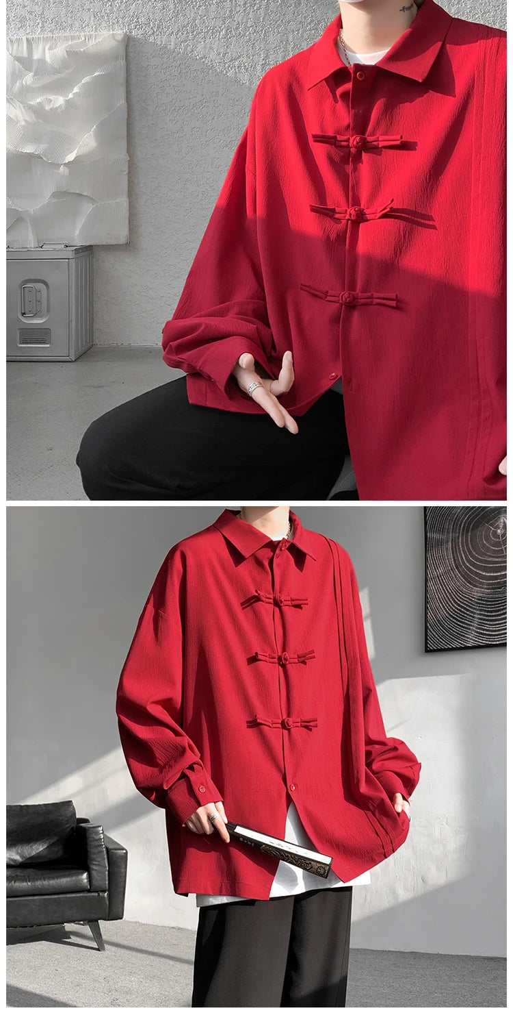 Men's Dial Buckle Solid Long Sleeve Shirt Chic Pleated Decor 2024 Spring New Loose Casual Traditional Chinese Style Clothing