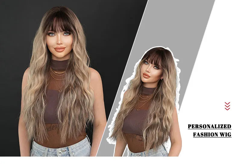 7JHH WIGS Synthetic Loose Wave Brown Wig with Dark Roots High Density Body Wavy Hair Wigs for Women Party Halloween Costume Wigs