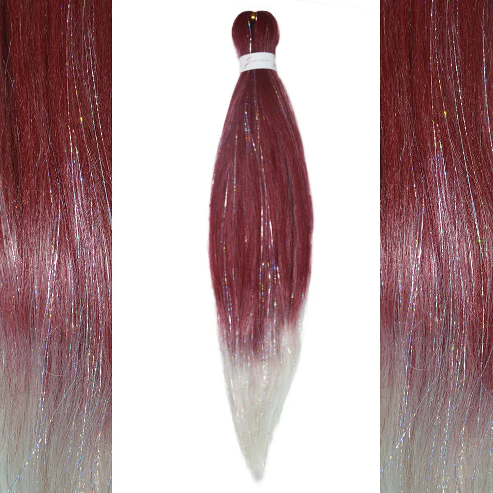 Dard Red White 3 Tones Ombre Straight Braids Blend Hair Tinsel Festival Rave Hair Extensions for Girls Crazy Hair Day Braids