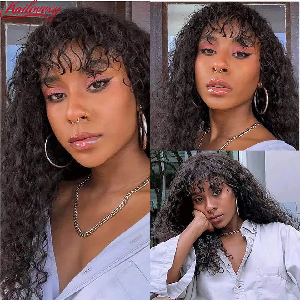 Water Wave Wig with Bangs Human Hair Full Machine Made Scalp Top Wig Glueless Virgin Brazilian Long Curly Wig No Lace for Women