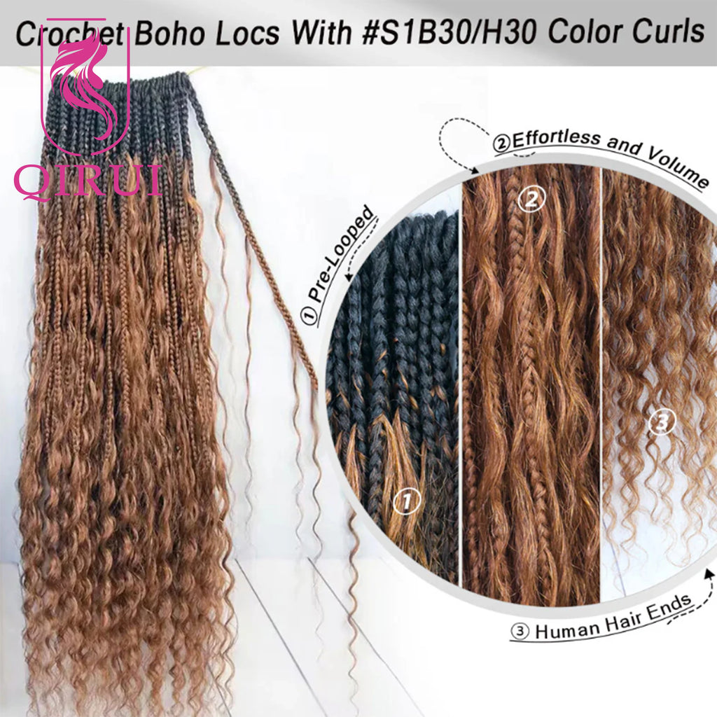 Ombre Brown #1B/30 Boho Crochet Box Braids with Human Hair Curls Deep Wave Pre Looped Box Braids Full Ends Hair Extensions