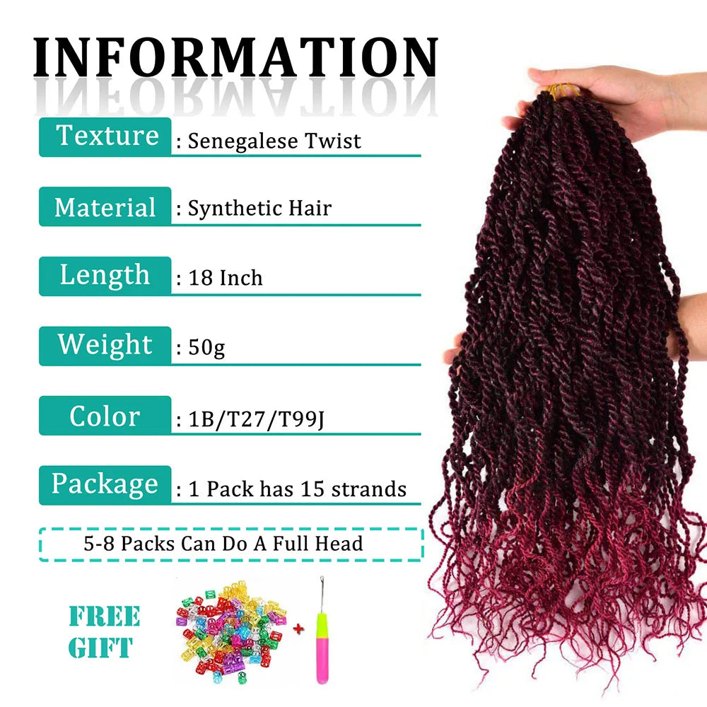 16 Inch Wavy Senegalese Twists Crochet Braiding Hair Extension Ombre 99J Synthetic Crochet Braids Hair with Curly Ends for Women