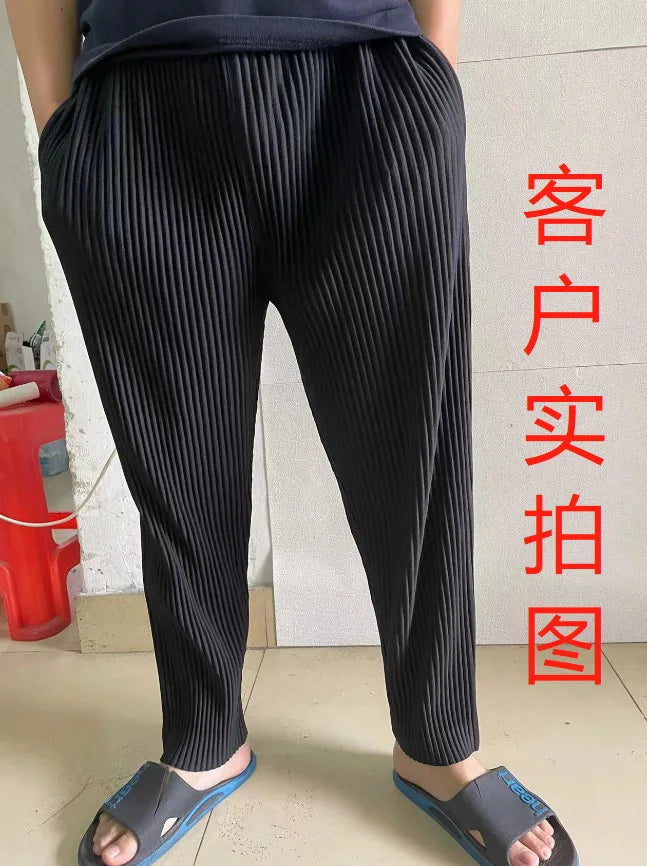 Pleats Pleated Commuter Pants Men's 2024 Autumn New Draped Elastic Trousers Casual Japanese Men Solid Color Nine Minute Pants