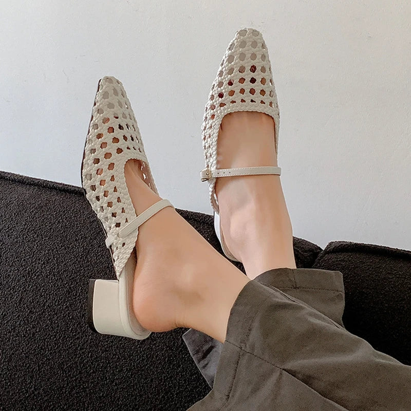 NEW Summer Women Mules Fabric Shoes for Women Pointed Toe Chunky Heel Shoes Cover Toe Slingback Shoes Soft Hollow Modern Sandals