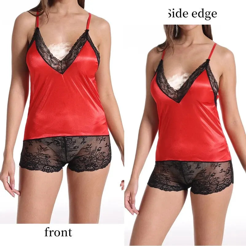 New Summer Women's Sexy Low Cut V-Neck Lace Jumpsuit Women's Camisole V-Neck Lace Patchwork Shorts Pajamas