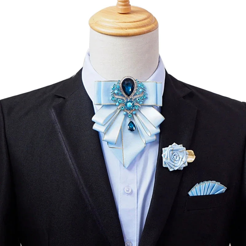 Vintage British Banquet Suit Shirt Collar Flowers Luxury French Men's Jewelry Bow Chest Clip 3-piece Set Wedding Bows Brooch Set