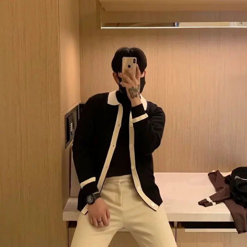 Autumn and Winter Lapel Knitted Cardigan Men's Korean Style Simple Versatile Sweater Jacket Button Contrast Top