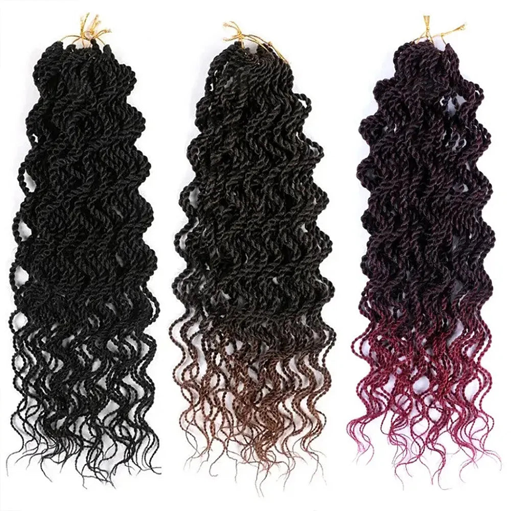16 Inch Wavy Senegalese Twists Crochet Braiding Hair Extension Ombre 99J Synthetic Crochet Braids Hair with Curly Ends for Women
