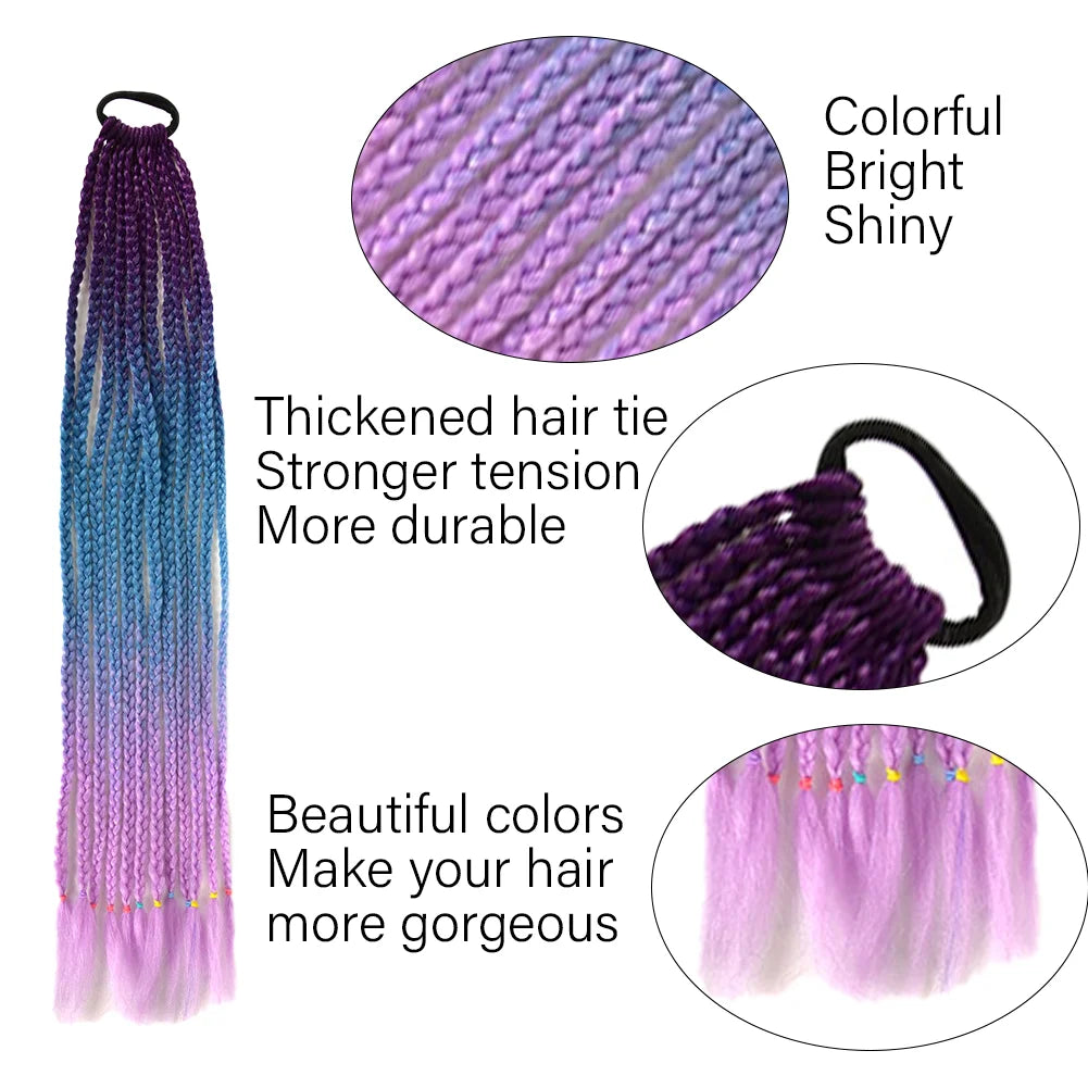 24inch Rubber Band Crochet Mixed Box Braids Plaited Ponytail Synthetic Gradient Dirty Braided Ponytail Hair Extensions for Kids