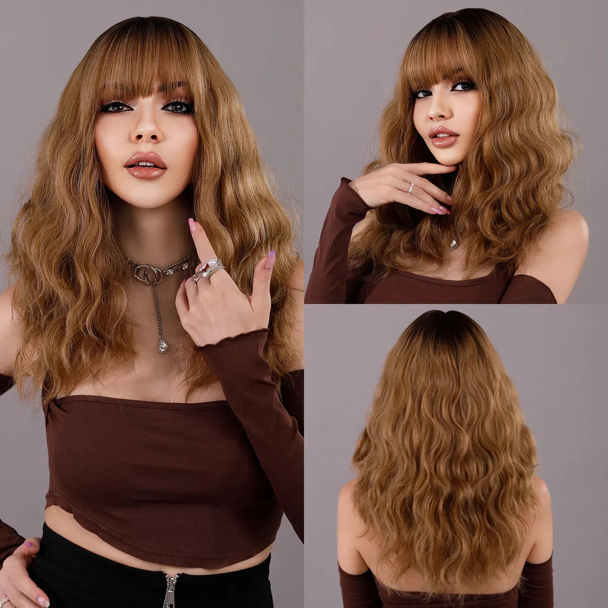 NAMM Long Wavy Ombre Black To Red Wig for Women Daily Cosplay Party Synthetic Lavender Hair Wig with Fluffy Bangs Heat Resistant