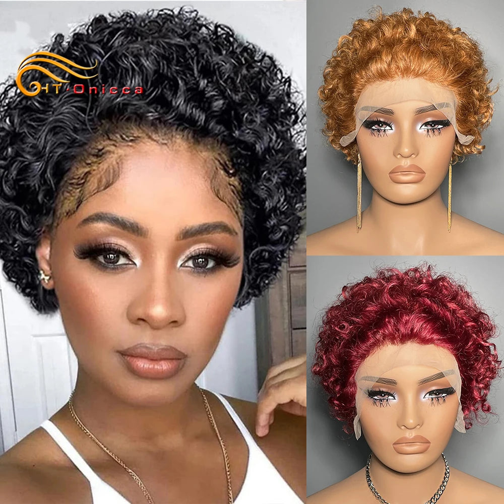 Curly Human Hair Wig Short Bob Pixie Cut Wig Human Hair For Women Brazilian Water Wave 13x1 Transparent Lace Wig