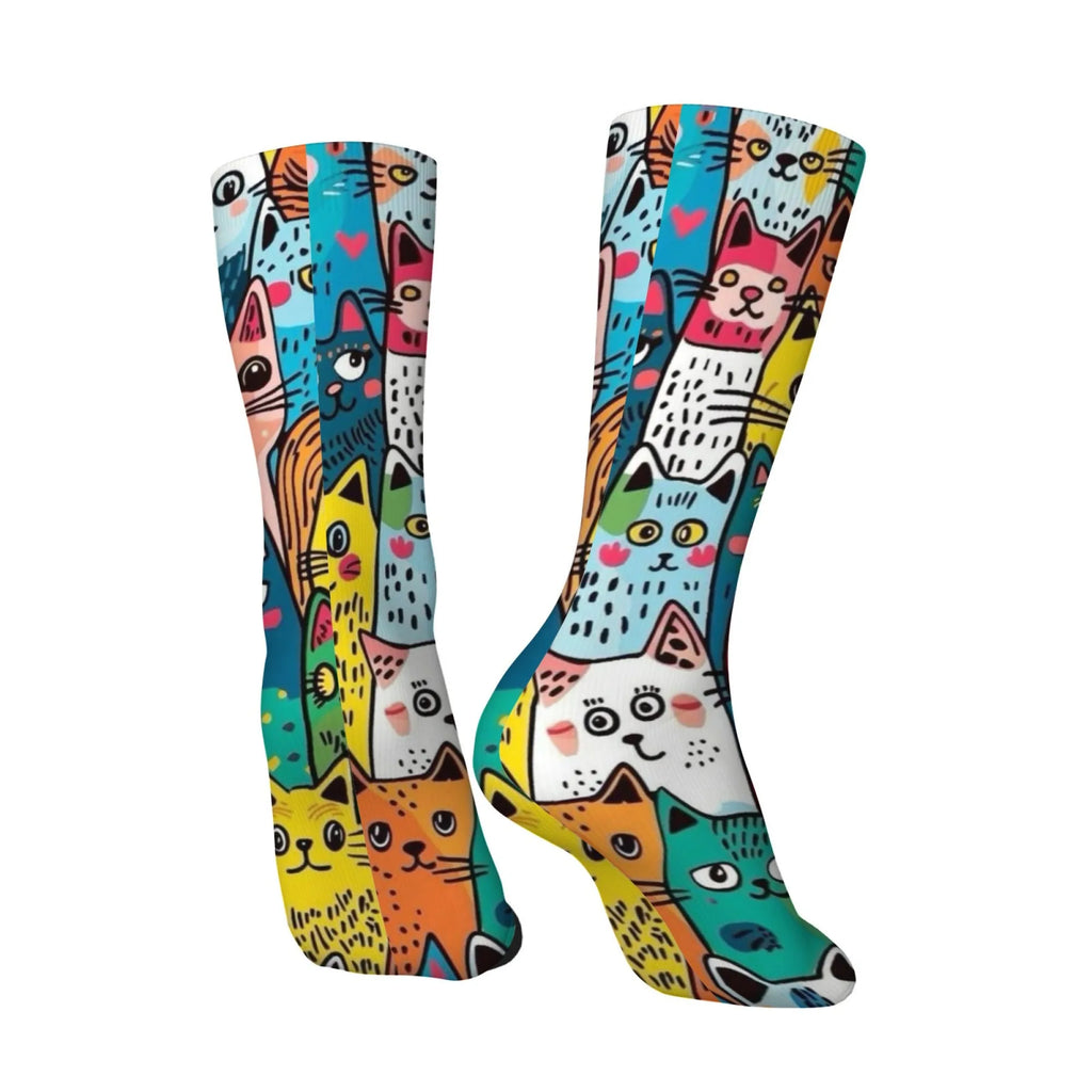 Cute Cartoon Cat Happy Men's Socks Harajuku Style Novelty Funny Hip-Hop Socks Comfortable Breathable Casual Sports Fashion Socks