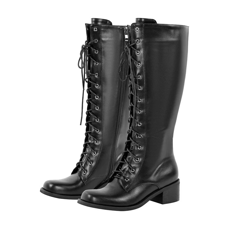 Onlymaker Women Knee High Boots Round Toe Black Matte Gothic Heeled Concise Side Zipper Winter Lace UP Motorcycle Boots